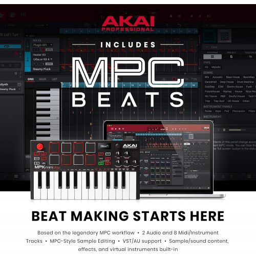  Akai Professional MPK Mini Play | Standalone Mini Keyboard & USB Controller With Built In Speaker, MPC Style Pads, On board Effects, 128 Instrument & 10 Drum Sounds, & Software Sui