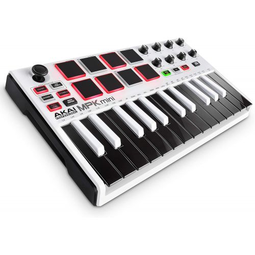  Akai Professional MPK Mini MKII LE White | White, Limited Edition 25 Key Portable USB MIDI Keyboard With 8 Backlit Performance Ready Pads, 8 Assignable Q Link Knobs & A 4 Way Thumb