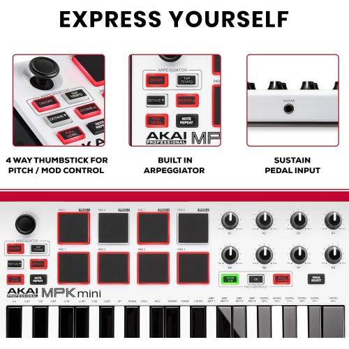  Akai Professional MPK Mini MKII LE White | White, Limited Edition 25 Key Portable USB MIDI Keyboard With 8 Backlit Performance Ready Pads, 8 Assignable Q Link Knobs & A 4 Way Thumb