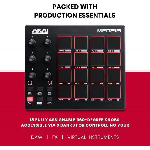  AKAI Professional MPD218 | 16-Pad USB/MIDI Controller With MPC Pads, 6 Assignable Knobs, Production Software Included