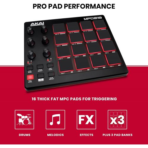  AKAI Professional MPD218 | 16-Pad USB/MIDI Controller With MPC Pads, 6 Assignable Knobs, Production Software Included