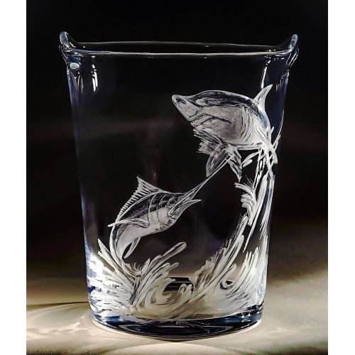  Akoko Art Handengraved Crystal Glass Marlin Charging Ice Bucket, Engraved Ice Bucket, Hand Engraved Barware, Ice Bucket etched, Fathers Day gifts, Housewarming Gifts