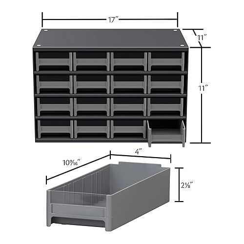  Akro-Mils 19416 Steel Parts Garage Storage Cabinet Organizer for Small Hardware, Nails, Screws, Bolts, Nuts, and More, 17-Inch W x 11-Inch D x 11-Inch H, 16-Drawer, Gray Cabinet/Gray Drawers