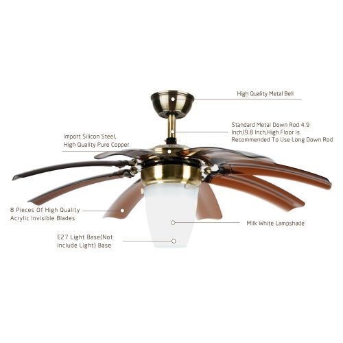  Akron Fire Akronfire Simple Modern Ceiling Fan Light for Decorate Bedroom Living Room Remote Control Silent Invisible Fans Chandelier with 1 Lamp Shade 8 Retractable Take Off Blades of 42 Inc