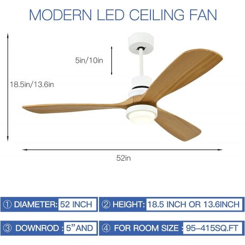  Akronfire Modern Ceiling Fan with Lights 3 Solid Wood Fan Blades and LED Light Kit, 52 Indoor Ceiling Fan with Remote Control, White Dimmable Chandelier Ceiling Fans