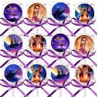 Aladdin Movie Lollipops Party Favors Decorations w/ Royal Blue Ribbon Bows Party Favors -12 pcs, Alladin Princess Jasmine Jafar Genie Magic Lamp