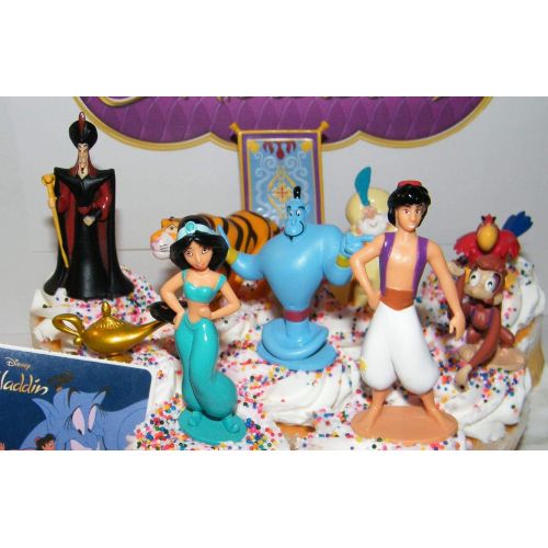  Aladdin Movie Deluxe Cake Toppers Cupcake Decorations 12 Set with 10 Figures, Aladdin Sticker and PrincessRing Featuring Fun Characters, Magic Lamp, Flying Carpet Etc!