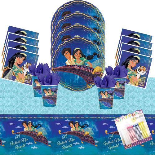  Aladdin Party Supplies Pack Serves 16: Dinner Plates Luncheon Napkins Cups and Table Cover with Birthday Candles