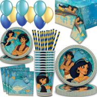 Aladdin Party Supplies for 16 - Large Plates, cake plates, Napkins, Tablecloth, Cups, Straws - Great Decorative Birthday Set with Aladdin, Jasmine, Genie, Magic Carpet, Sultan, Abu