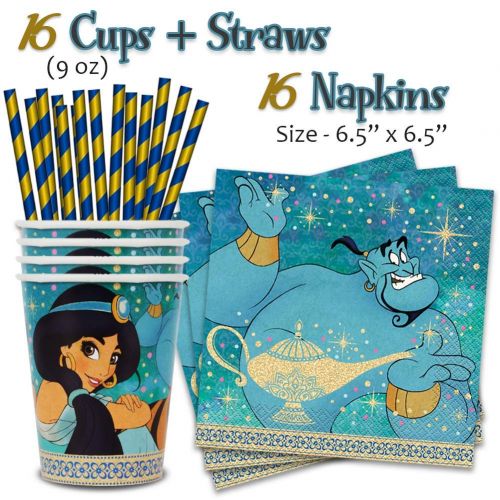  Aladdin Party Supplies for 16 - Large Plates, cake plates, Napkins, Tablecloth, Cups, Straws - Great Decorative Birthday Set with Aladdin, Jasmine, Genie, Magic Carpet, Sultan, Abu
