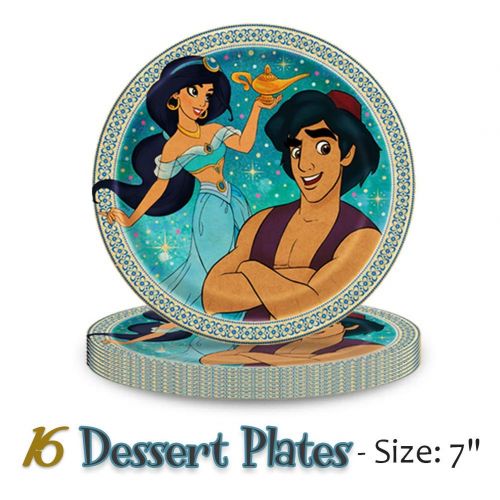  Aladdin Party Supplies for 16 - Large Plates, cake plates, Napkins, Tablecloth, Cups, Straws - Great Decorative Birthday Set with Aladdin, Jasmine, Genie, Magic Carpet, Sultan, Abu