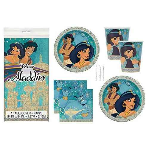  Aladdin Theme Birthday Party Supplies Set Serves 16 - Tablecover, Banner Decoration, Plates, Napkins, Cups and Candles - Jasmine and Aladdin