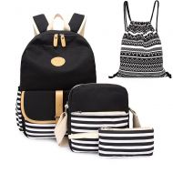 4pcs Canvas Backpack Cute Lightweight Teen Girls Backpacks School Shoulder Bags Backpack Set Alando(Stripe Black)