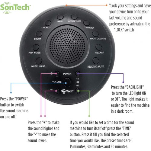  Alayna SonTech - White Noise Sound Machine - 10 Natural Soothing Sound Tracks Home, Office, Travel, Baby  Multiple Timer Settings - Battery or Adapter Charging Options