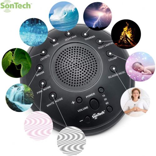  Alayna SonTech - White Noise Sound Machine - 10 Natural Soothing Sound Tracks Home, Office, Travel, Baby  Multiple Timer Settings - Battery or Adapter Charging Options