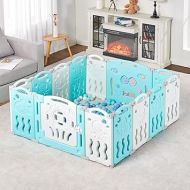 Albott Baby Playpen, Upgraded 14 Panels Foldable Baby Fence with Game Panel and Safety Gate, Adjustable Shape, Portable Baby Play Yards for Children Toddlers Indoors or Outdoors (Blue+White, 14 Panel)