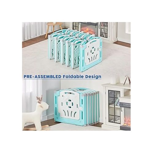  Albott Baby Playpen, Upgraded 14 Panels Foldable Baby Fence with Game Panel and Safety Gate, Adjustable Shape, Portable Baby Play Yards for Children Toddlers Indoors or Outdoors (Blue+White, 14 Panel)
