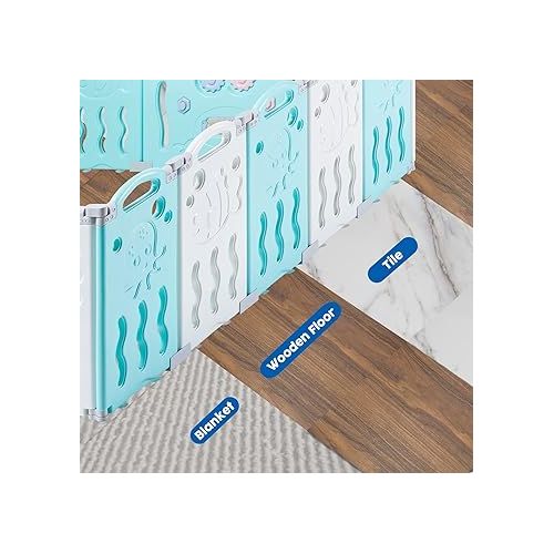  Baby Playpen, Upgraded 14 Panels Foldable Baby Fence with Game Panel and Safety Gate, Adjustable Shape, Portable Baby Play Yards for Children Toddlers Indoors or Outdoors (Blue+White, 14 Panel)