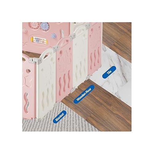  Baby Playpen, Upgraded 14 Panels Foldable Baby Fence with Game Panel and Safety Gate, Adjustable Shape, Portable Baby Play Yards for Children Toddlers Indoors or Outdoors (White+Pink, 14 Panel)