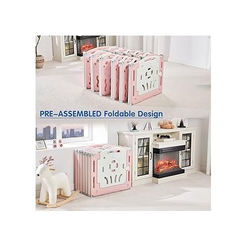 Baby Playpen, Upgraded 14 Panels Foldable Baby Fence with Game Panel and Safety Gate, Adjustable Shape, Portable Baby Play Yards for Children Toddlers Indoors or Outdoors (White+Pink, 14 Panel)