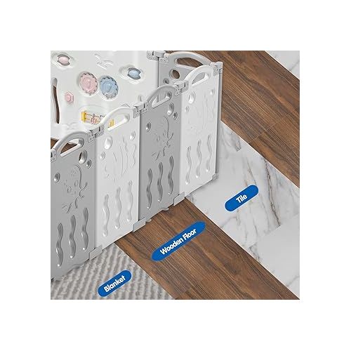  Albott Baby Playpen, Upgraded 14 Panels Foldable Baby Fence with Game Panel and Safety Gate, Adjustable Shape, Portable Baby Play Yards for Children Toddlers Indoors or Outdoors (White+Grey,14 Panel)