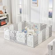 Albott Baby Playpen, Upgraded 18 Panels Foldable Baby Fence with Game Panel and Safety Gate, Adjustable Shape, Portable Baby Play Yards for Children Toddlers Indoors or Outdoors (18 Panel, Grey+White)