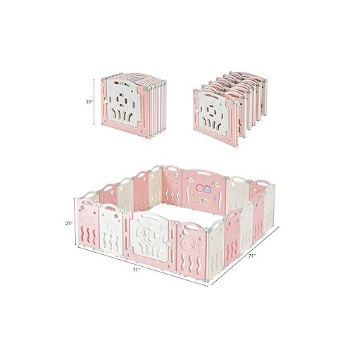  Albott Baby Playpen, Upgraded 18 Panels Foldable Fence with Game Panel and Safety Gate, Adjustable Shape, Portable Play Yards for Children Toddlers Indoors or Outdoors (Pink+White, Panel), 1.0 Sq Ft