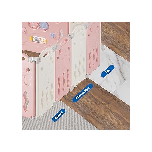  Albott Baby Playpen, Upgraded 18 Panels Foldable Fence with Game Panel and Safety Gate, Adjustable Shape, Portable Play Yards for Children Toddlers Indoors or Outdoors (Pink+White, Panel), 1.0 Sq Ft