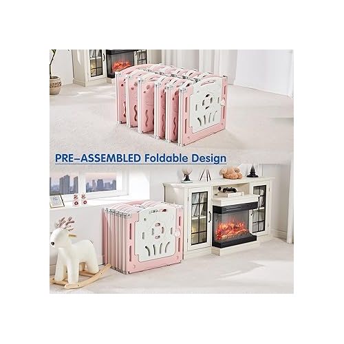  Albott Baby Playpen, Upgraded 18 Panels Foldable Fence with Game Panel and Safety Gate, Adjustable Shape, Portable Play Yards for Children Toddlers Indoors or Outdoors (Pink+White, Panel), 1.0 Sq Ft