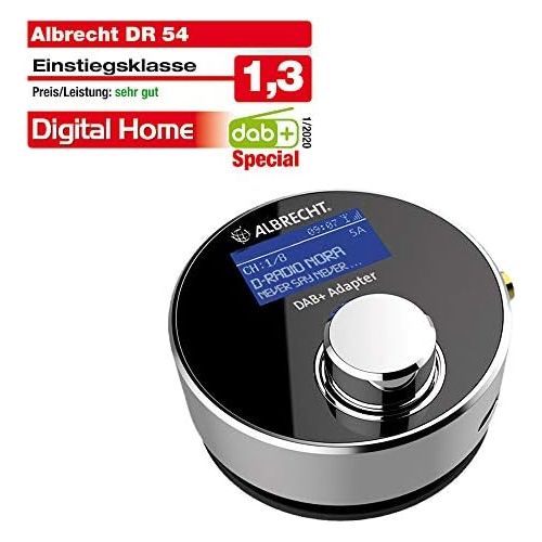  [아마존베스트]-Service-Informationen Albrecht DR 54 DAB+ Digital Radio Adapter for Car Radio or Living Room, 27259, Wireless Transmission via FM Transmitter, Aux-Out, Colour: Silver / Black