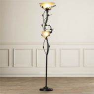Alcott Hill 72-Inch Elegant 2 Lights Torchiere Floor Lamp with Amber Glass Shade and Leaf Pattern Stand, Oil Rubbed Bronze Finish