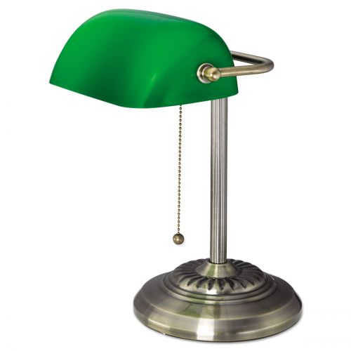  Alera Traditional Bankers Lamp, Green Glass Shade, Antique Brass Base, 14h