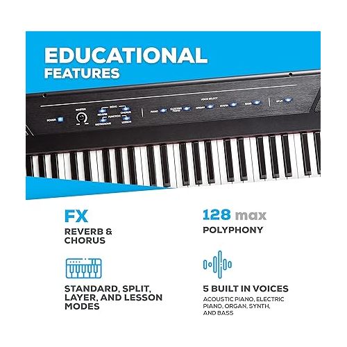  Digital Piano Bundle - Electric Keyboard with 88 Semi Weighted Keys, Built-In Speakers, 5 Voices and Sustain Pedal - Alesis Recital and M-Audio SP-2