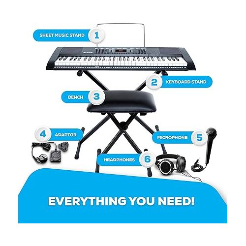  Alesis Melody 61 Key Keyboard Piano for Beginners with Speakers, Stand, Bench, Headphones, Microphone, Sheet Music Stand, 300 Sounds and Music Lessons