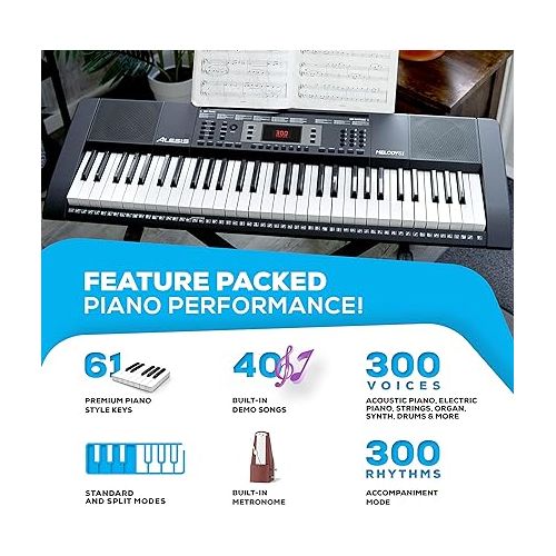  Alesis Melody 61 Key Keyboard Piano for Beginners with Speakers, Stand, Bench, Headphones, Microphone, Sheet Music Stand, 300 Sounds and Music Lessons