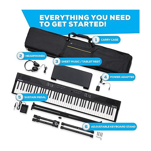  Alesis 88 Key Keyboard Piano with 480 Sounds, Speakers, USB MIDI, Carry-Bag, Stand, Headphones, Pedal and Piano Lessons for Beginners