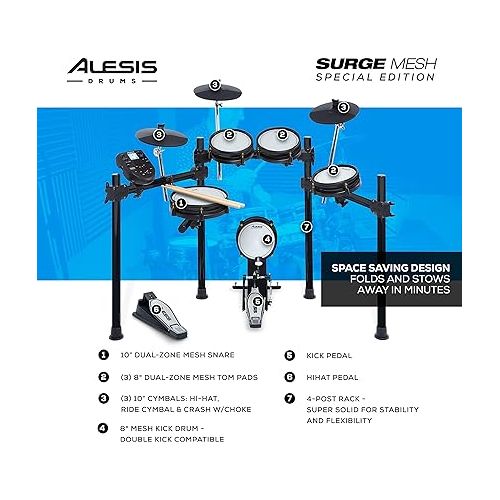  Alesis Drums Surge Mesh SE Kit and Drum Essentials Bundle - Electric Drum Set with USB MIDI Connectivity, Drum Throne and On-Ear Headphones