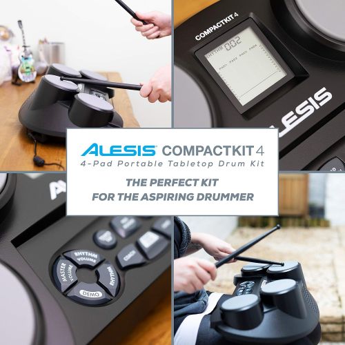  Alesis Compact Kit 4 | Portable 4-Pad Tabletop Electronic Drum Kit with Velocity-Sensitive Drum Pads, 70 Drum Sounds, Coaching Feature, Game Functions, Battery- or AC-Power and Dru