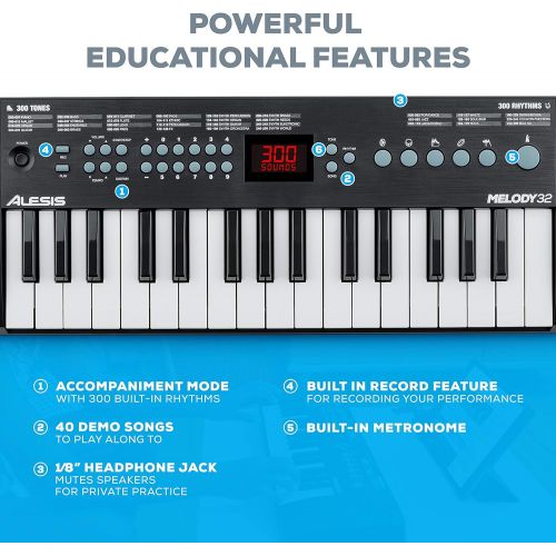  [아마존베스트]Alesis Melody 32  Portable 32 Key Mini Digital Piano / Keyboard with Built-in Speakers, 300 Built-In Sounds, 40 Demo Songs, USB-MIDI Connectivity