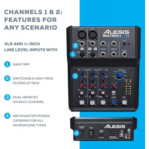  [아마존베스트]Alesis MultiMix 4 USB FX | 4 Channel Compact Studio Mixer with Built In Effects & USB Audio Interface for Home Studio Recording