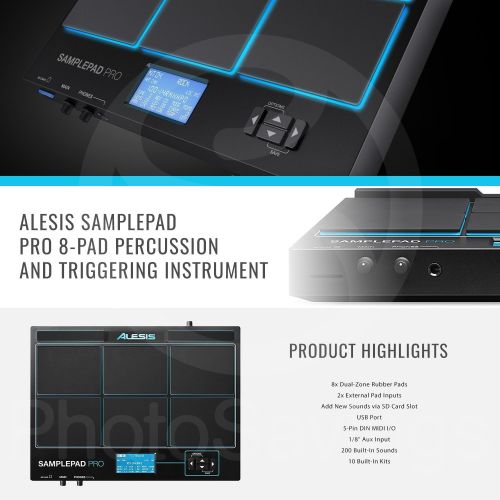  Alesis Sample Pad Pro 8-Pad Percussion and Triggering Instrument with Samson Meteor Mic USB Microphone, Headphones, 16GB Card, and Assorted Cables Bundle