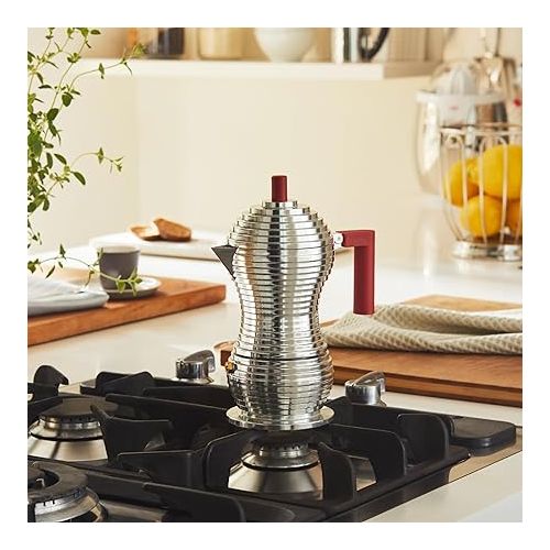  Alessi MDL02/3 R Pulcina Stove Top Espresso 3 Cup Coffee Maker in Aluminum Casting Handle And Knob in Pa, Red