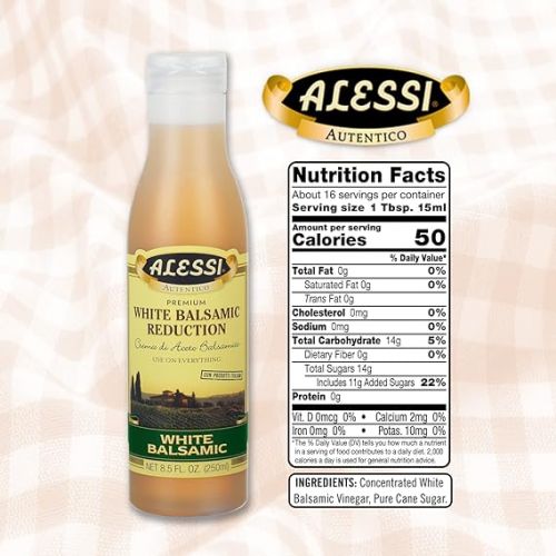  Alessi Balsamic Vinegar Reduction, Autentico from Italy, Ideal on Caprese Salad, Fruits, Cheeses, Meats, Marinades, White Balsamic (White Balsamic, 8.5 Fl Oz (Pack of 1))