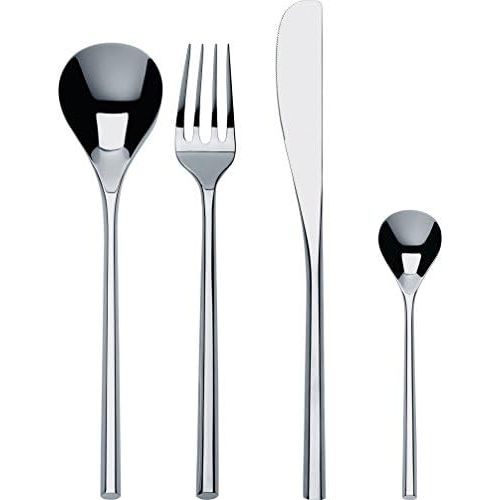  AlessiMU Flatware Set Composed Of Six Table Spoons, Table Forks, Table Knives, Coffee Spoons in 1810 Stainless Steel Mirror Polished, Silver