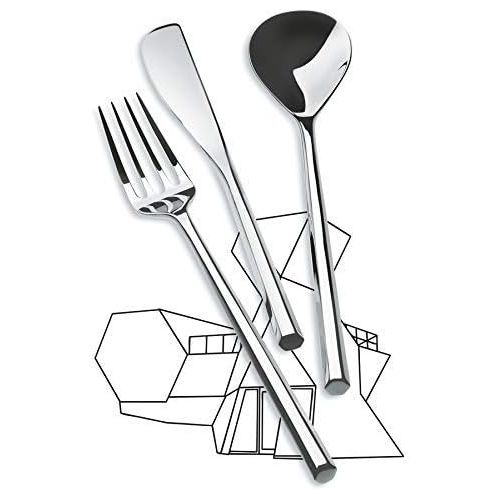  AlessiMU Flatware Set Composed Of Six Table Spoons, Table Forks, Table Knives, Coffee Spoons in 1810 Stainless Steel Mirror Polished, Silver