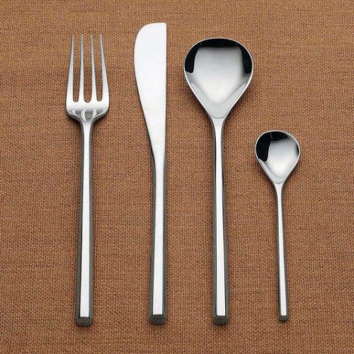  AlessiMU Flatware Set Composed Of Six Table Spoons, Table Forks, Table Knives, Coffee Spoons in 1810 Stainless Steel Mirror Polished, Silver