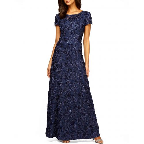  Alex Evenings Sequined-Lace Rosette-Rose Gown