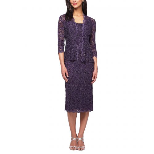  Alex Evenings Scalloped Lace Midi Jacket Dress