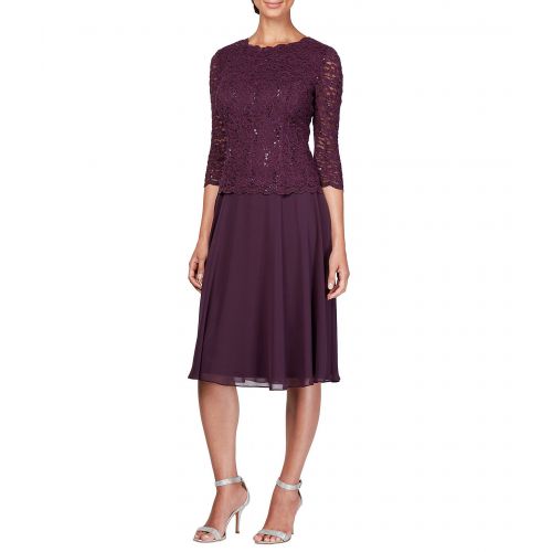  Alex Evenings Mock 2-Piece Lace Tea-Length A-Line Dress