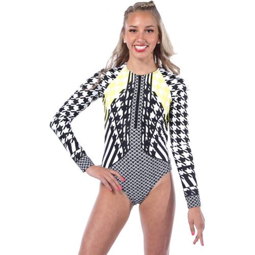  Alexandra Collection Womens Houndstooth Zipper Front Long Sleeve Dance Costume Leotard